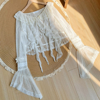 Cascading Beige Dotted Ruffle Trim Tulle Long Sheer Top Sleeves