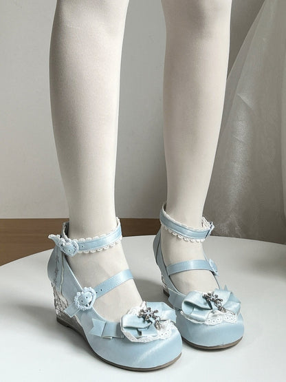Blue Winter Embossed Transparent Heel Shoes with Heart Buckle - Vintage Sweetheart
