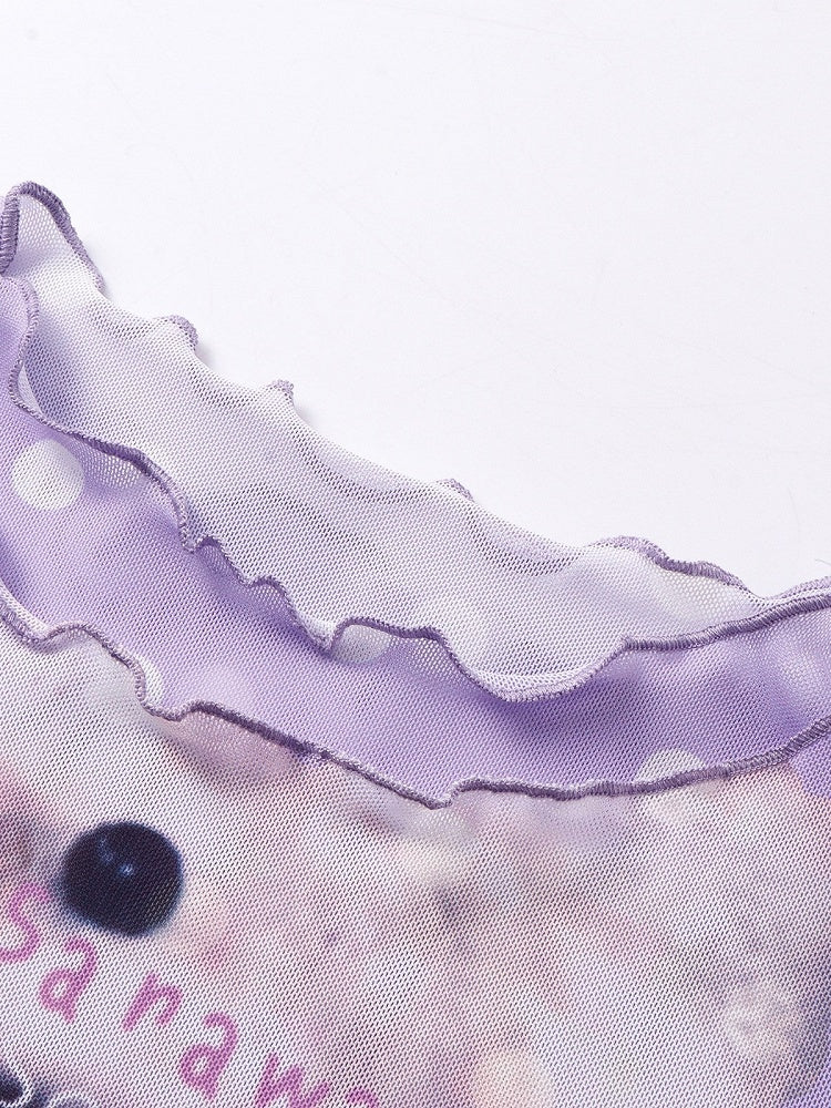 Purple Mesh Tee with Cartoon Girl & Polka Dot Motif - Languid Park
