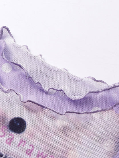 Purple Mesh Tee with Cartoon Girl & Polka Dot Motif - Languid Park