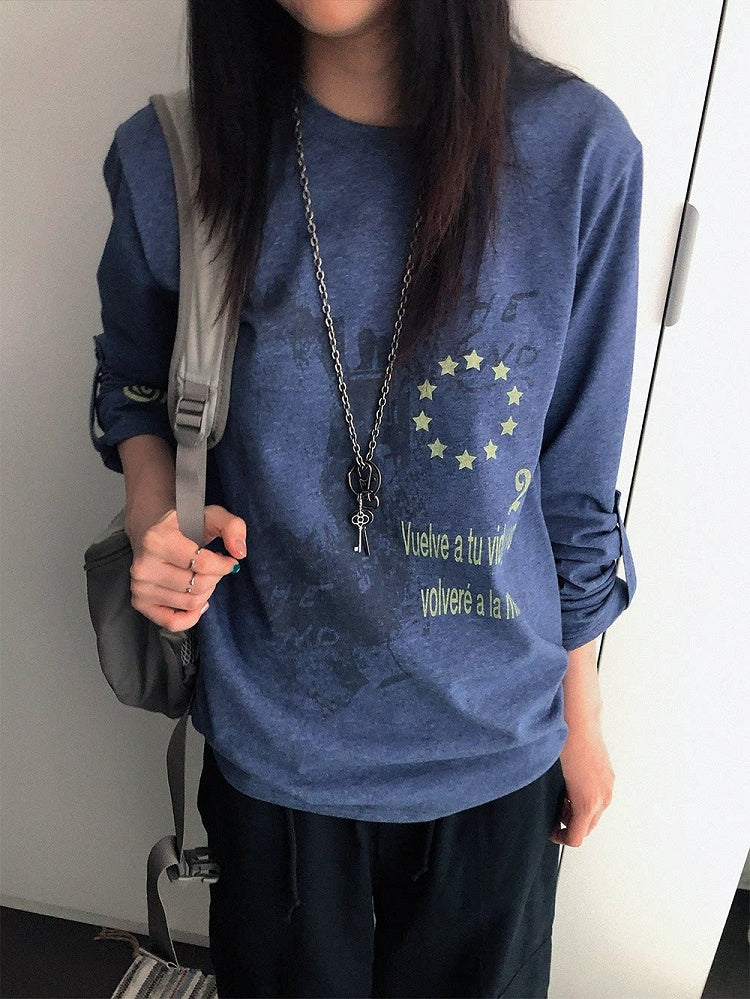 Y2K Purple Crew-Neck Long-Sleeved Loose Tee with Distressed Graphic - innomoood
