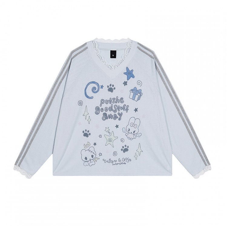 Cuffs with Lace Sleeve Long V-neck Pattern Blue Top Cartoon Collar