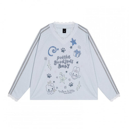 Cuffs with Lace Sleeve Long V-neck Pattern Blue Top Cartoon Collar
