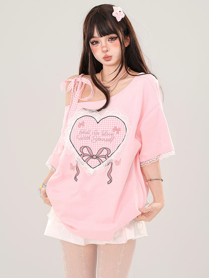 ミルクイエロー/ピンク チェック柄 ハートプリント アシンメトリーネックライン レーストリム Tシャツ