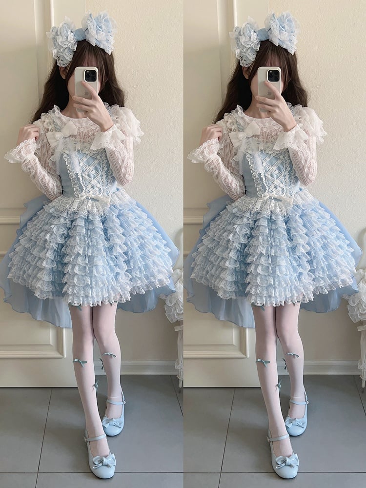 Hem Train Lace + Blue Bow JSK Only / Ruffle Lolita Dress Multi-Layered