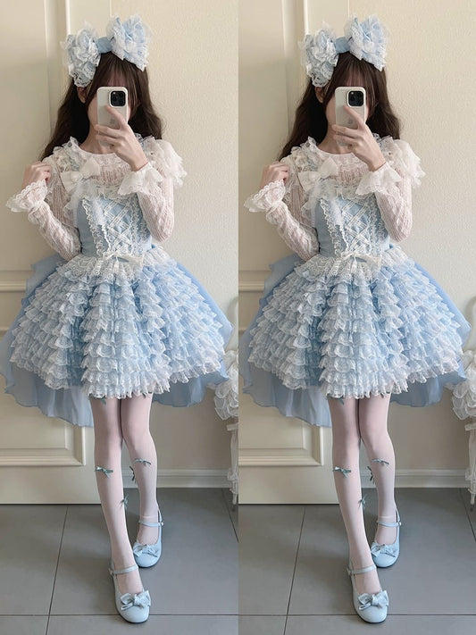 Hem Train Lace + Blue Bow JSK Only / Ruffle Lolita Dress Multi-Layered