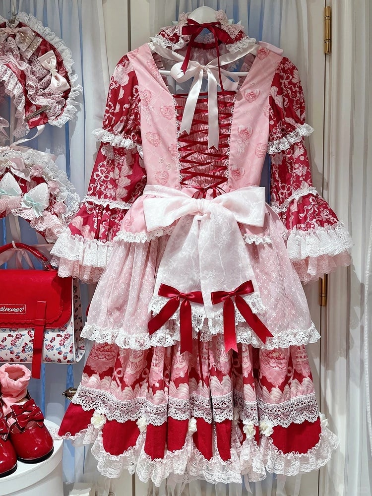 Red & Pink Strawberry Cake Print Bell Sleeve Lolita Dress - Ball Lolita