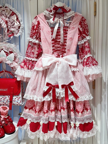 Red & Pink Strawberry Cake Print Bell Sleeve Lolita Dress - Ball Lolita