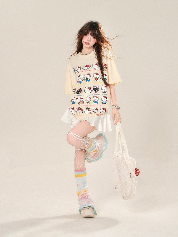 Aprikosenfarbenes, lockeres T-Shirt mit süßem Katzen-Print