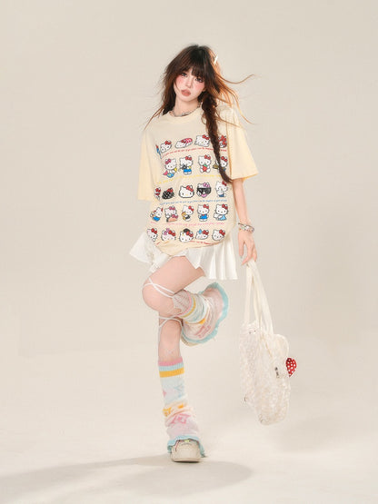 Aprikosenfarbenes, lockeres T-Shirt mit süßem Katzen-Print