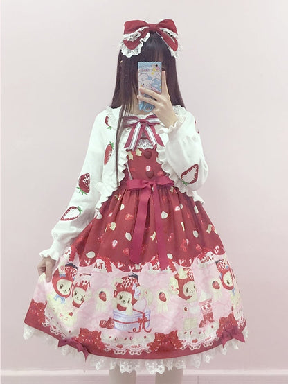スイートカーディガン ストロベリープリント ベージュ フリルヘム ロリータ
