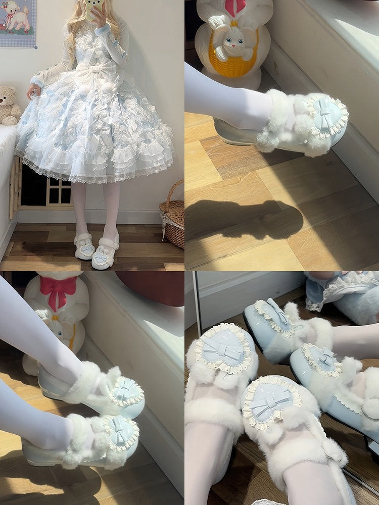 Plush Heart Light Blue Winter Lolita Round-Toe Footwear - Cute Bunny