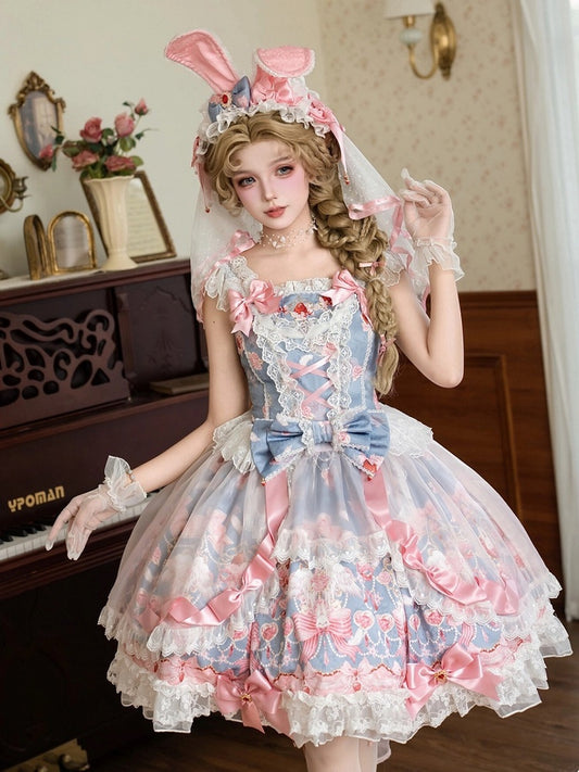 Sweet Blue Lolita JSK Dress with Strawberry Print, Bow and Lace Accents - PG Lullaby