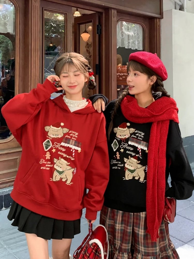 Christmas Red Cute Reindeer Appliques Thick Hoodie