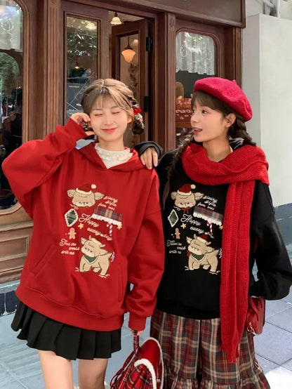 Christmas Red Cute Reindeer Appliques Thick Hoodie