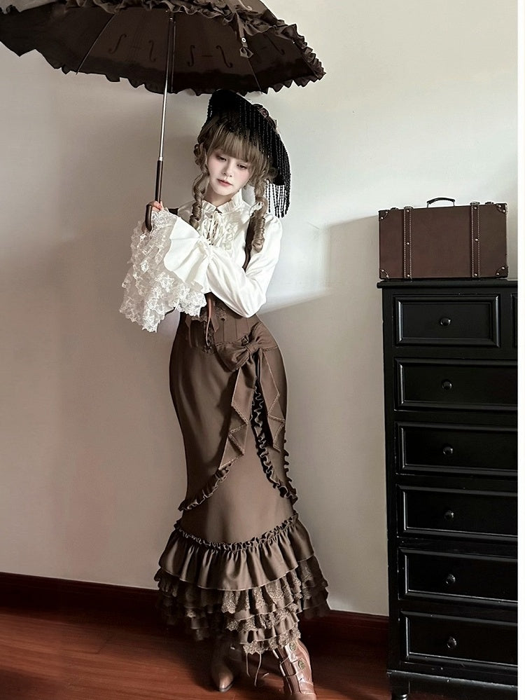 White & Brown Bell Sleeve Lolita Blouse with Bow Ruffle Mermaid Skirt Set - The First Witch