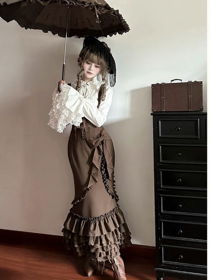White & Brown Bell Sleeve Lolita Blouse with Bow Ruffle Mermaid Skirt Set - The First Witch