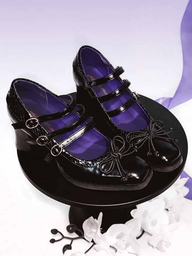 Quadratische Akzentzehe Gothic - 6,5 cm Absätze Schleife PU Schwarz Lolita Block Geknotet