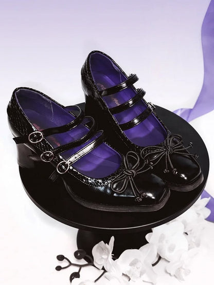 Quadratische Akzentzehe Gothic - 6,5 cm Absätze Schleife PU Schwarz Lolita Block Geknotet