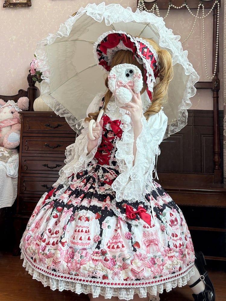 Set Black and Strawberry Desserts Full Sweet Print Lolita JSK /