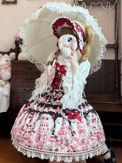 Set Black and Strawberry Desserts Full Sweet Print Lolita JSK /