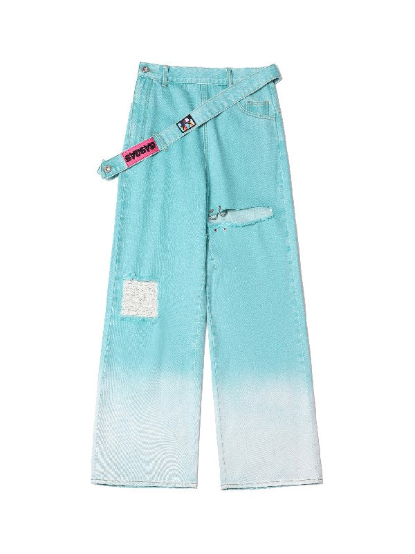 Lake – Asymmetrische, blaue Hose mit Löchern im Used-Look