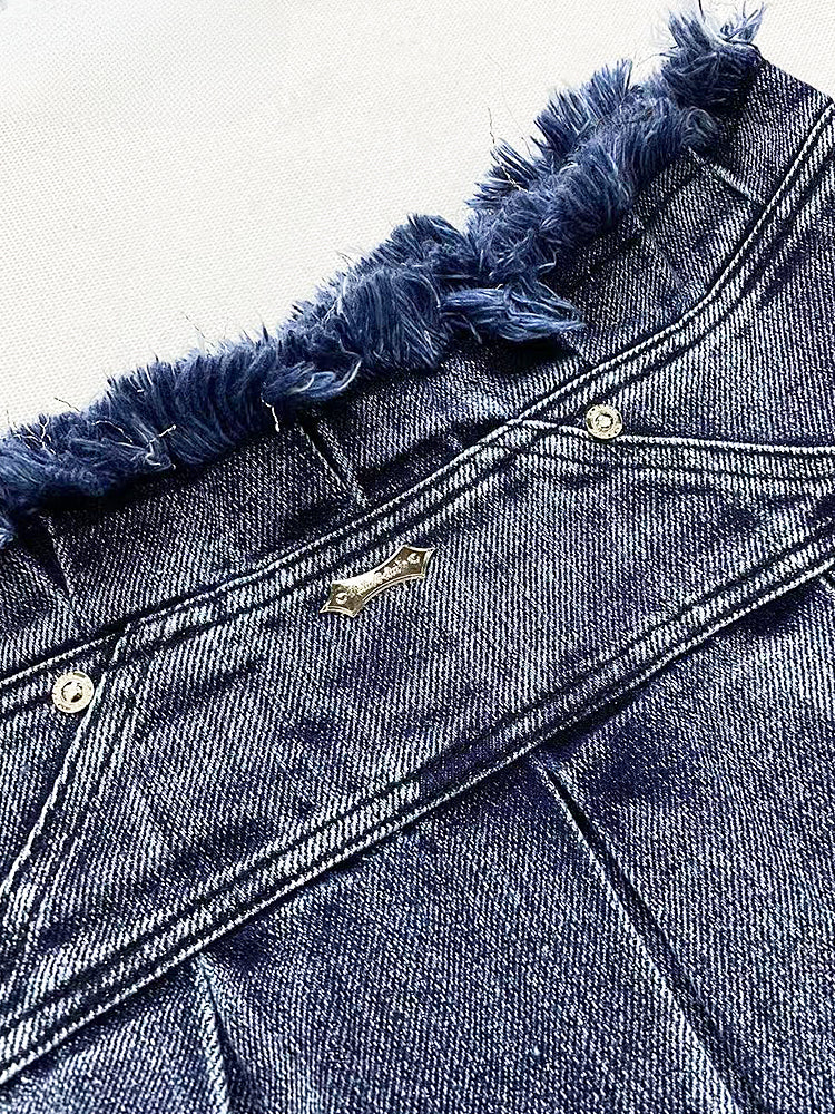 Y2Kヴィンテージ ダークブルー ディストレストトリム デニム グラマラススカート+バックルストラップ プラッシュトリム レッグウォーマー