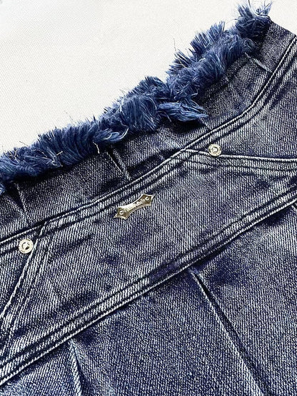 ダークブルーのダメージトリムボックスプリーツデニムグラマラススカート