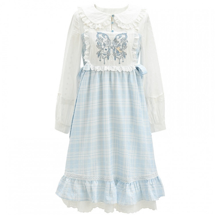 Alice in Wonderland Vibes Blue & White Plaid Butterfly Embroidery Mori Kei Dress