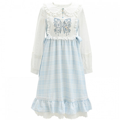 Alice in Wonderland Vibes Blue & White Plaid Butterfly Embroidery Mori Kei Dress