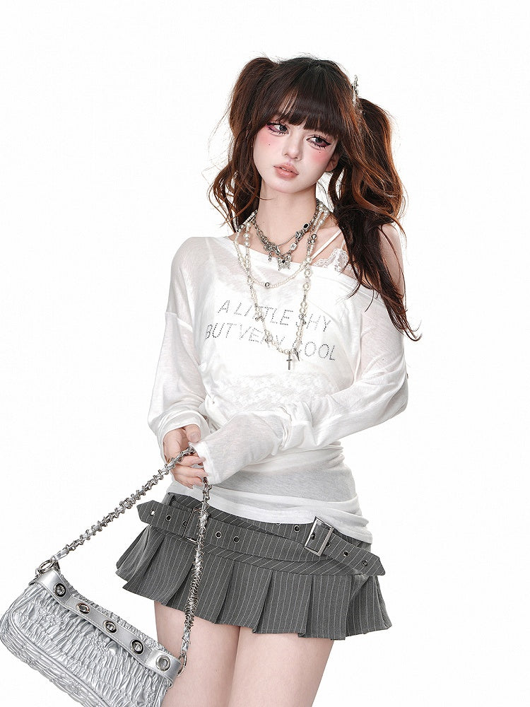 Acubi Black/White Semi-Sheer Asymmetric Neckline Rhinestones Glamorous Top