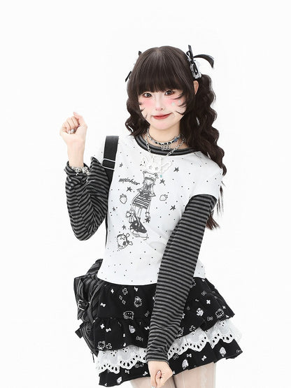 Top Sleeve Striped Bittersweet Pattern with Two-Piece Black/White Long