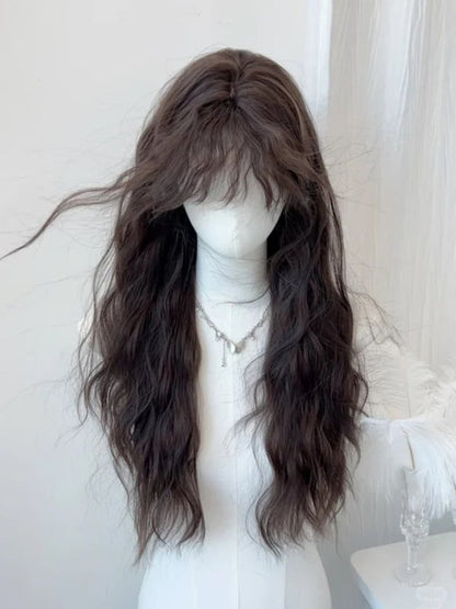 Black Wool Brown Tea/Light 65CM Bangs Full Curly Wig with