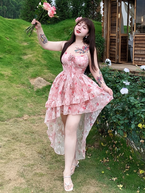 Rock High-Low-Rosettendruck Camisole Rosa Rüschen Übergröße Baskentaille Kaskadenkleid