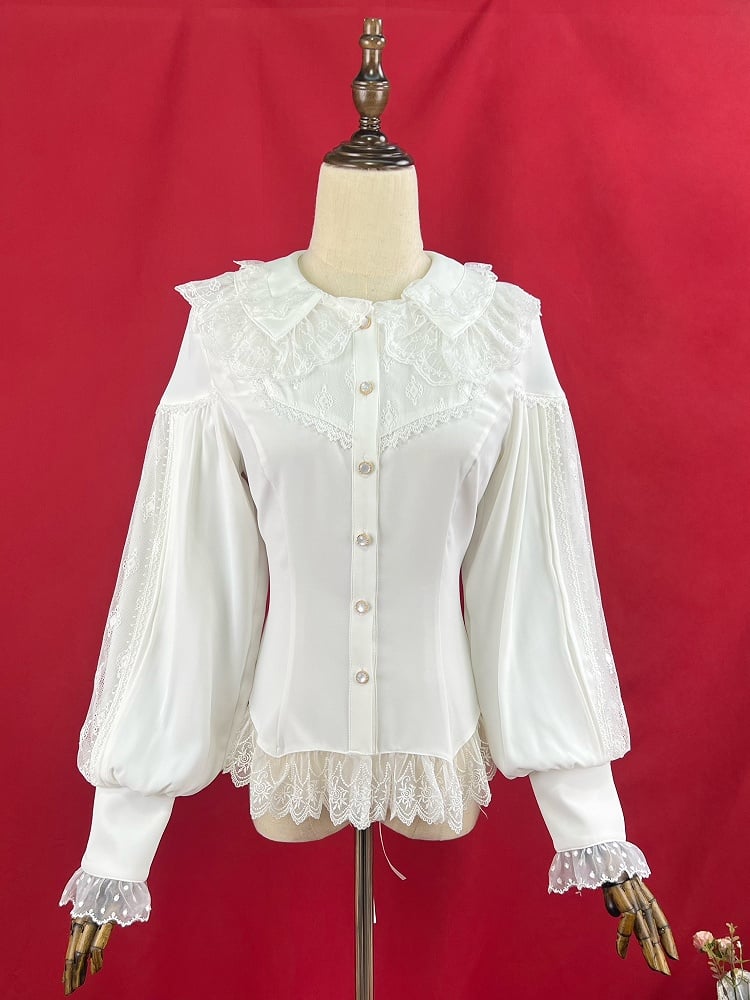 ホワイトのダブルレイヤーカラーのエレガントな長袖シャツ