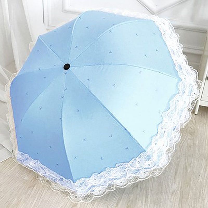 Lake blue folding Lolita umbrella with light lace trim