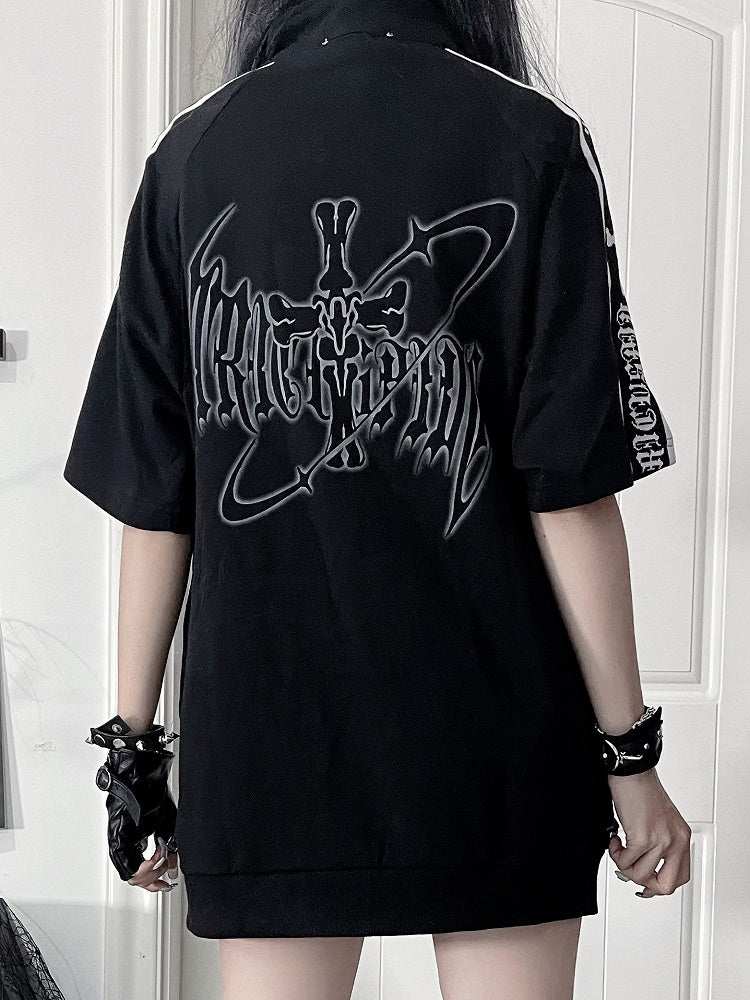 White Jacket Punk Short Sleeve Zip-Up Striped with Cross Sleeves Black Print