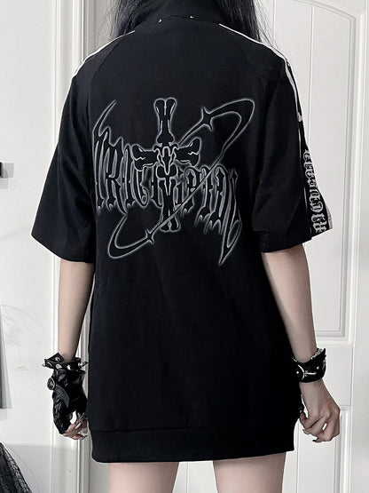 White Jacket Punk Short Sleeve Zip-Up Striped with Cross Sleeves Black Print