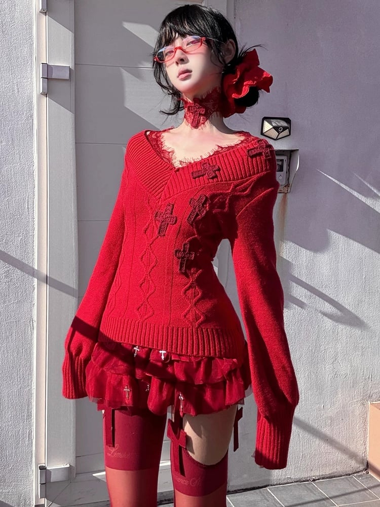 Gothic Red Crochet Crosses Lace Accents V-neck Slim-fit Sweater