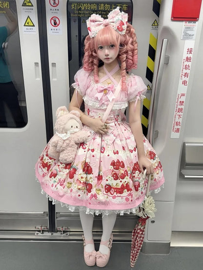 Rosa Printkleid Lolita Cake Kurze Ärmel Süße Erdbeere