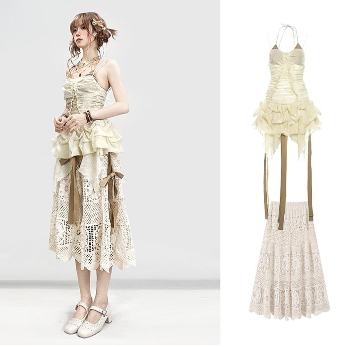 Ruffle Set- Self-tie Beige Dress Trim Skirt Cami Glamorous Straps +