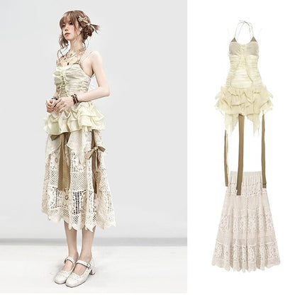 Ruffle Set- Self-tie Beige Dress Trim Skirt Cami Glamorous Straps +