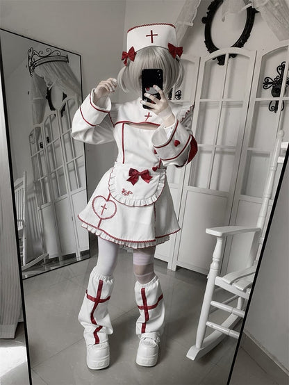 Cap Bow Nurse White Embroidery and Cross Decoration Red for Halloween with