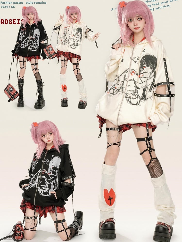 Punk Black/Beige Comic Girl Cutout Sleeves Zip Hoodie
