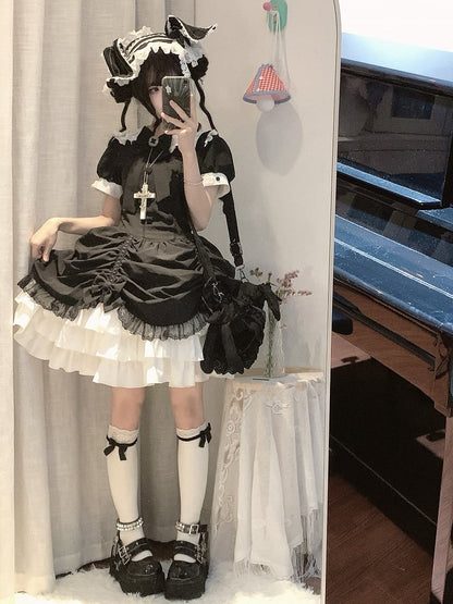 and Asymmetrical Dress Black Lolita Peter Pan White Skirt Tiered Gothic Sleeves Collar Short