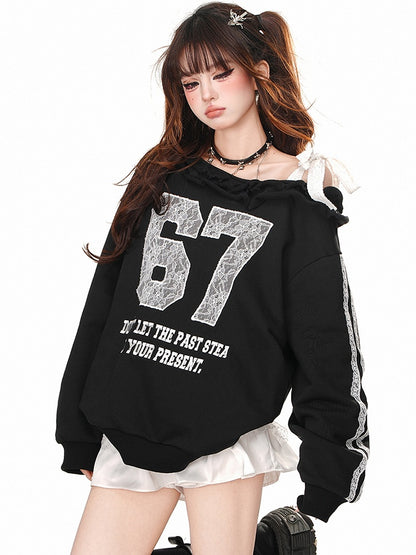 ブラック/グレー レースアップリケ アシンメトリーネックライン スウェットシャツ