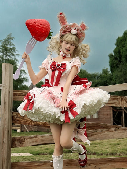 Heart Lolita Bow Decorated Pink Strawberry-Themed JSK Red and Set / Cute Full