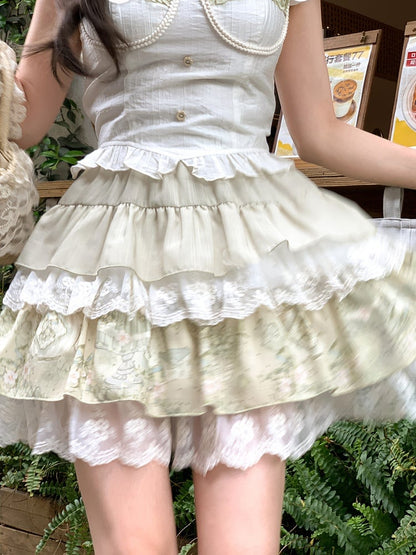 ライトヴィンテージプリントレーストリムティアードスカート グリーン 伸縮性ウエスト