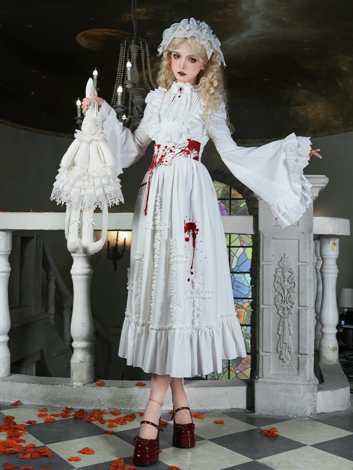 Bell Gothic Long Asymmetrical - Version Corset Brooch Lolita Belt Sleeves OP Jabot White + Set