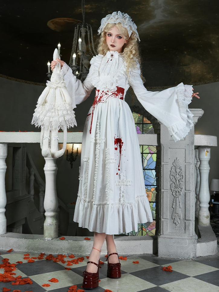 Gothic Lolita Dress in White with Blood Embroidery and Cross Shaped Ruffles Long Version - With PUJI